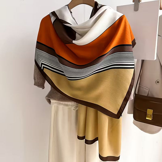 Rust and beige cotton striped geometric printed stole with brown border
