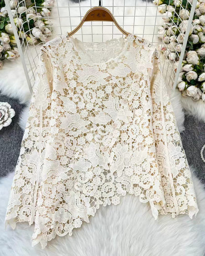 Burgundy scalloped floral lace top on hanger flat lay