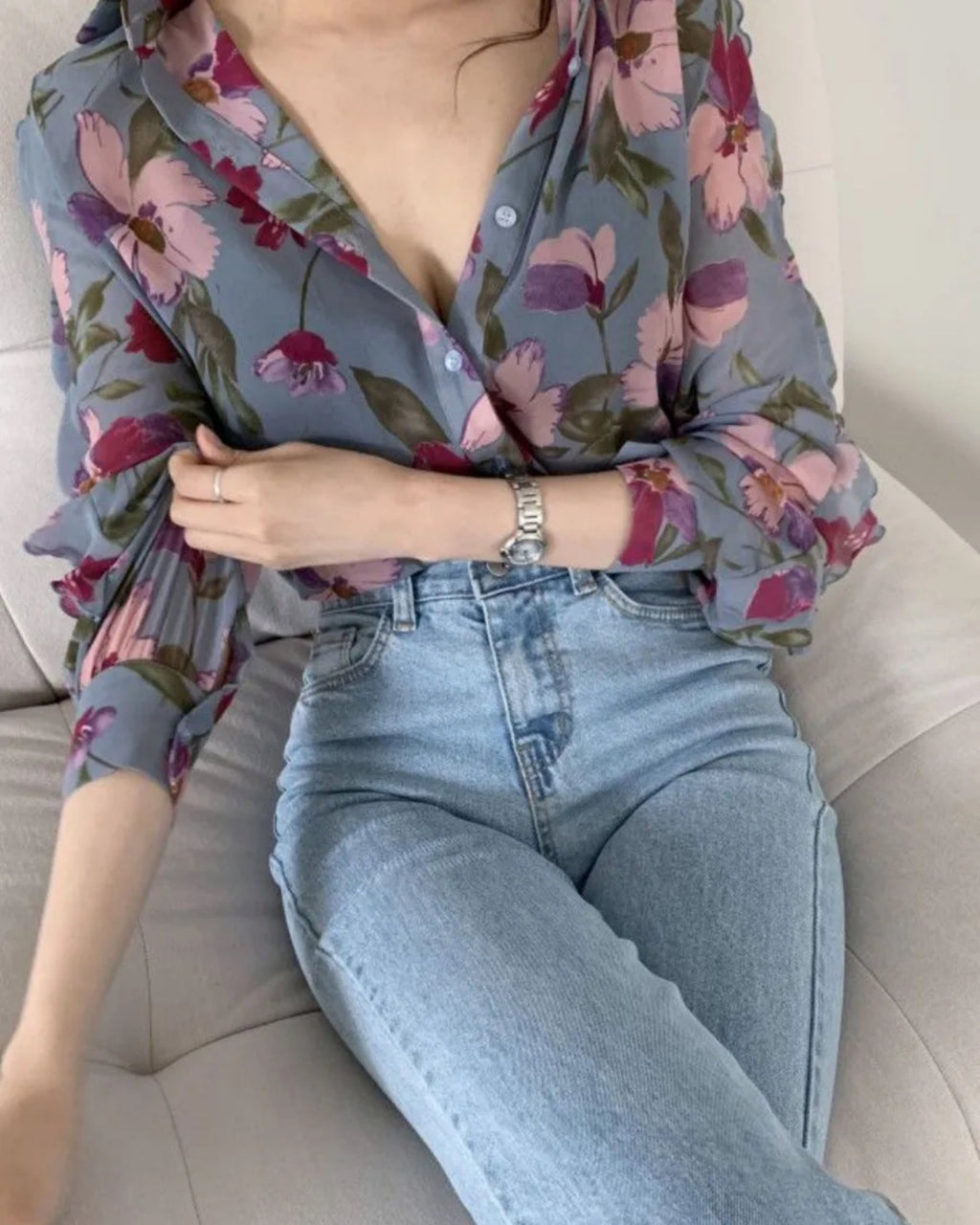Seraphina Dusty Blue Long Sleeve Floral Shirt