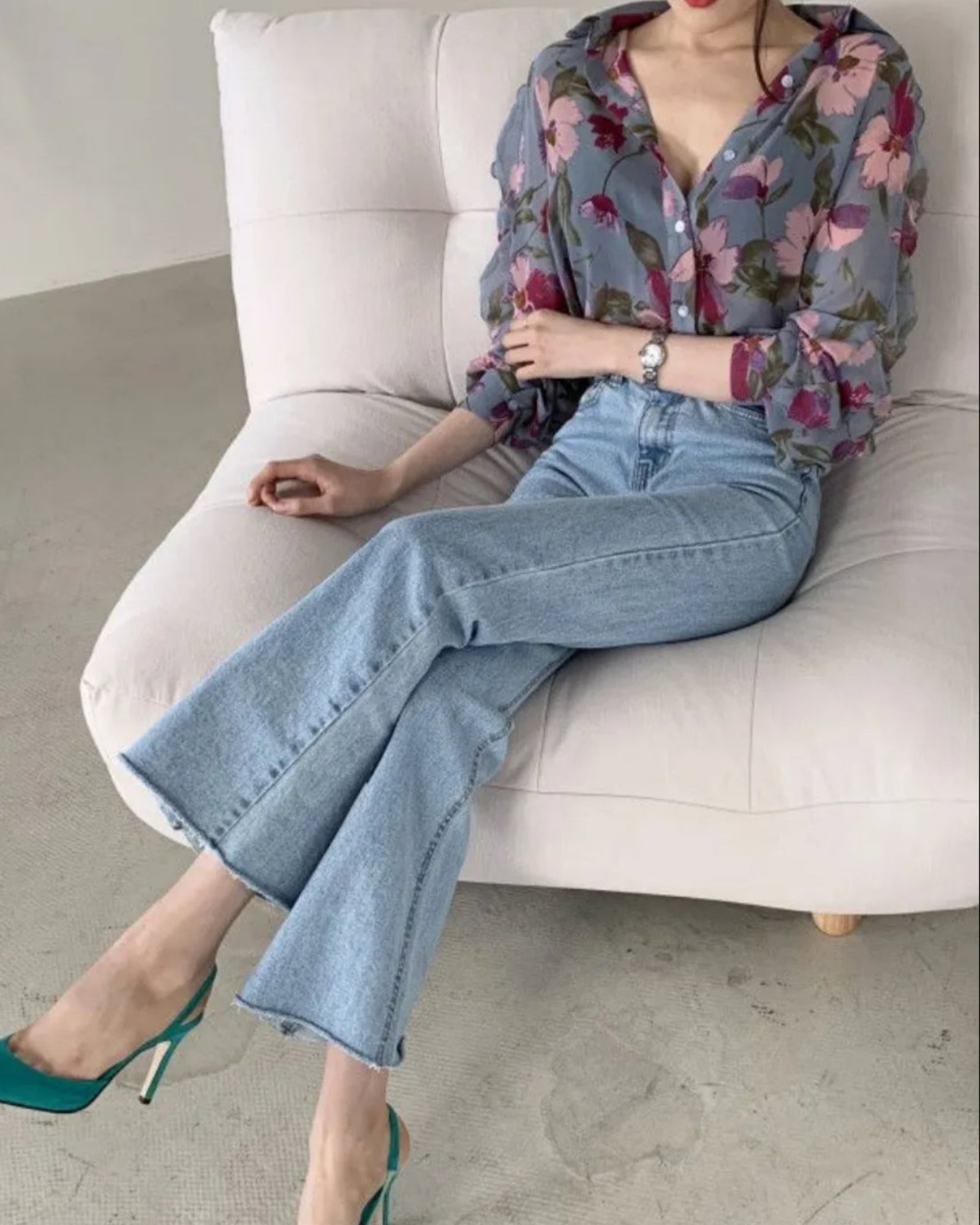 Seraphina Dusty Blue Long Sleeve Floral Shirt