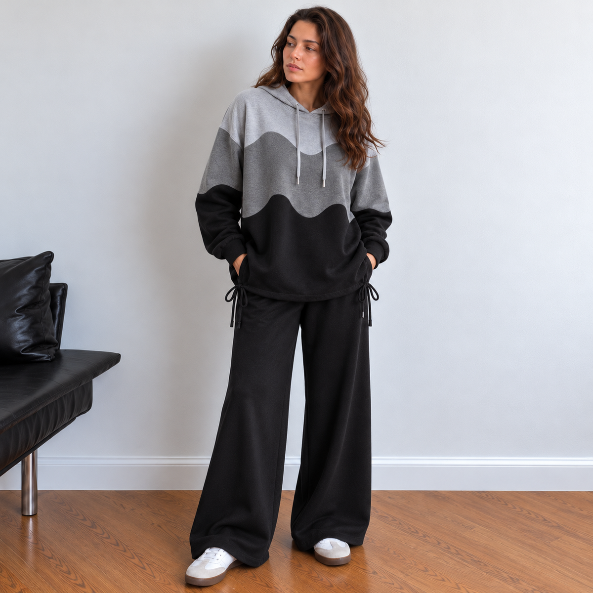 Shey grey and black knit color block loungewear set with hooded top and wide-leg pants for women