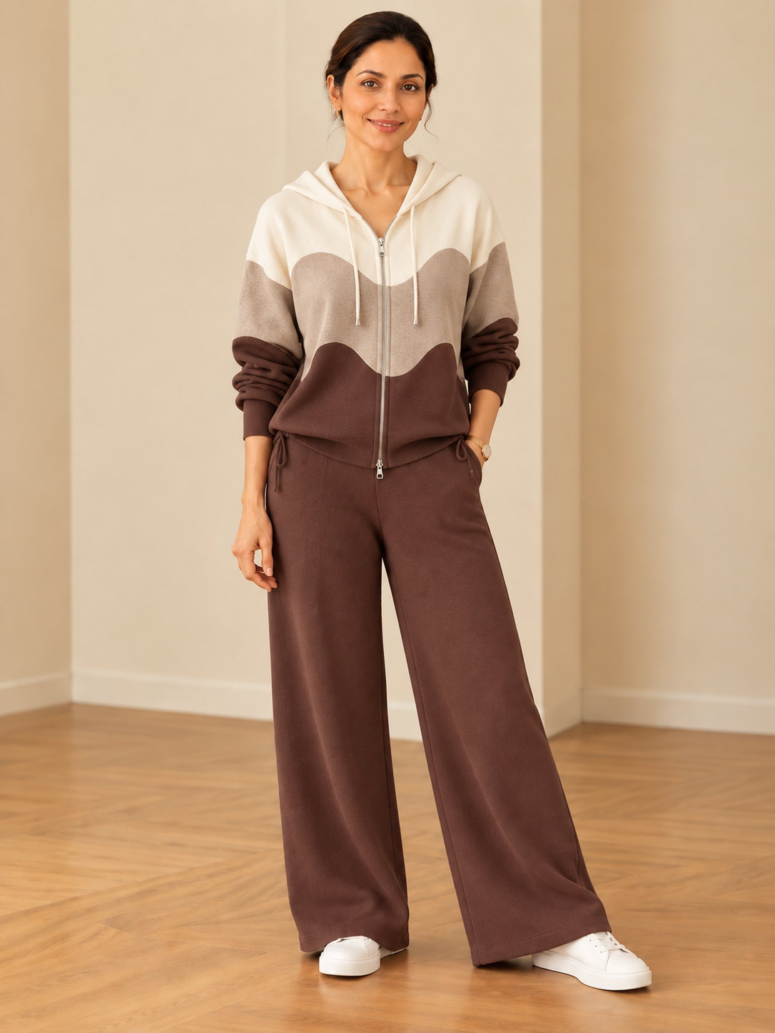 Shey mocha brown knit color block loungewear set with hooded top and wide-leg pants for women