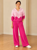 Shey pink knit color block loungewear set with hooded top and wide-leg pants for women