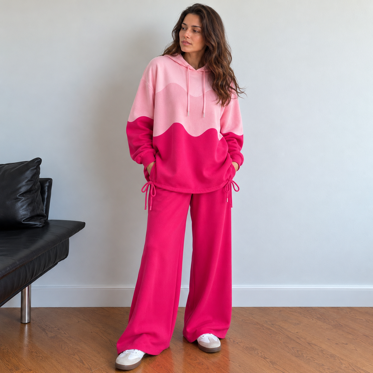 Shey pink knit color block loungewear set with hooded top and wide-leg pants for women