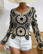 Starlit Petals Crochet Top in Black with Cream — women’s semi-sheer open-weave pullover with large cream starburst medallion motifs on black diamond lattice mesh, scalloped hem and cuffs, long sleeves, worn over white shorts, free size fits bust 38 inches