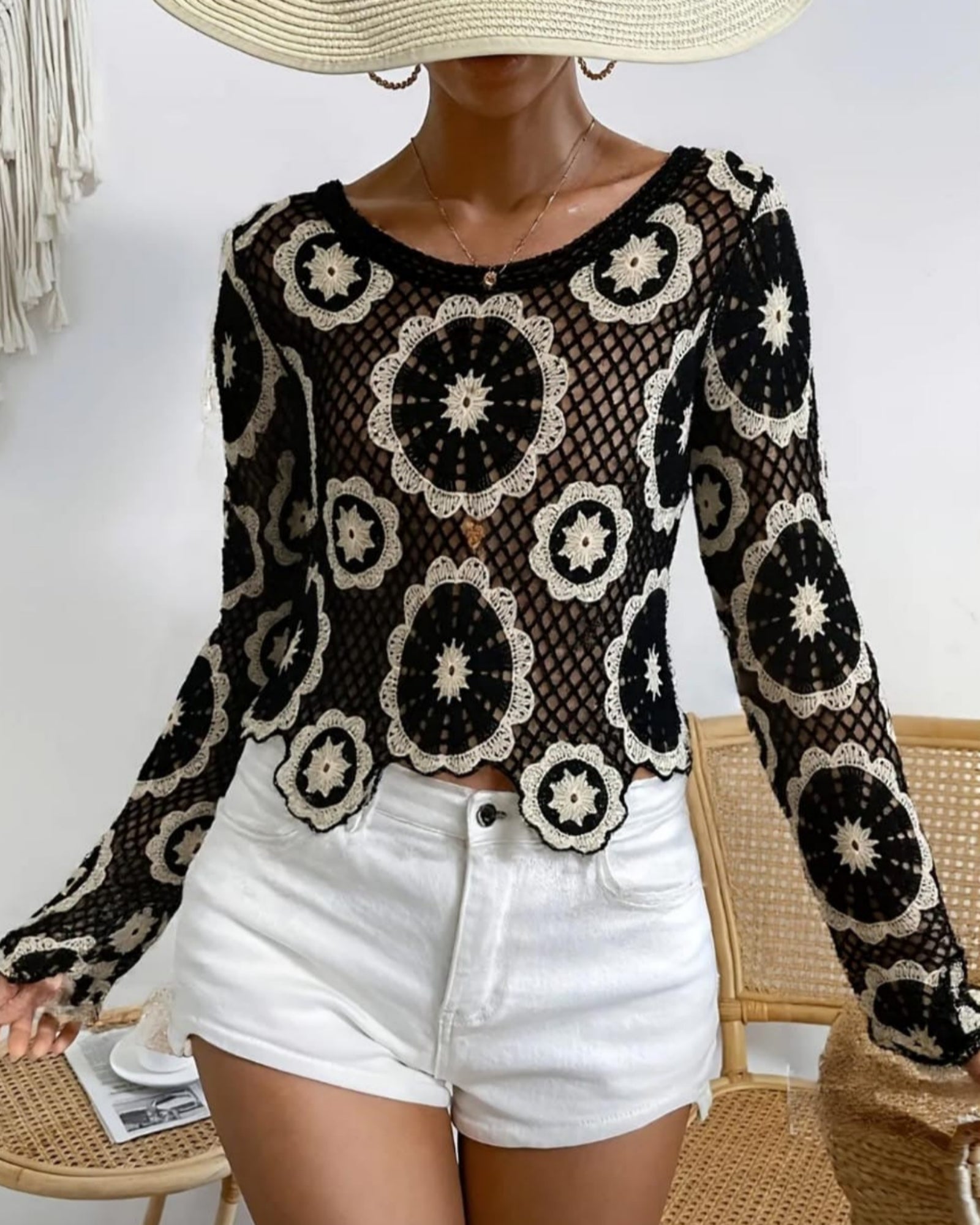 Starlit Petals Crochet Top in Cream with Black — women’s semi-sheer crochet pullover with large black starburst medallion motifs on cream diamond lattice mesh base, scalloped hem and cuffs, cropped 21 inch length, boho layering top free size