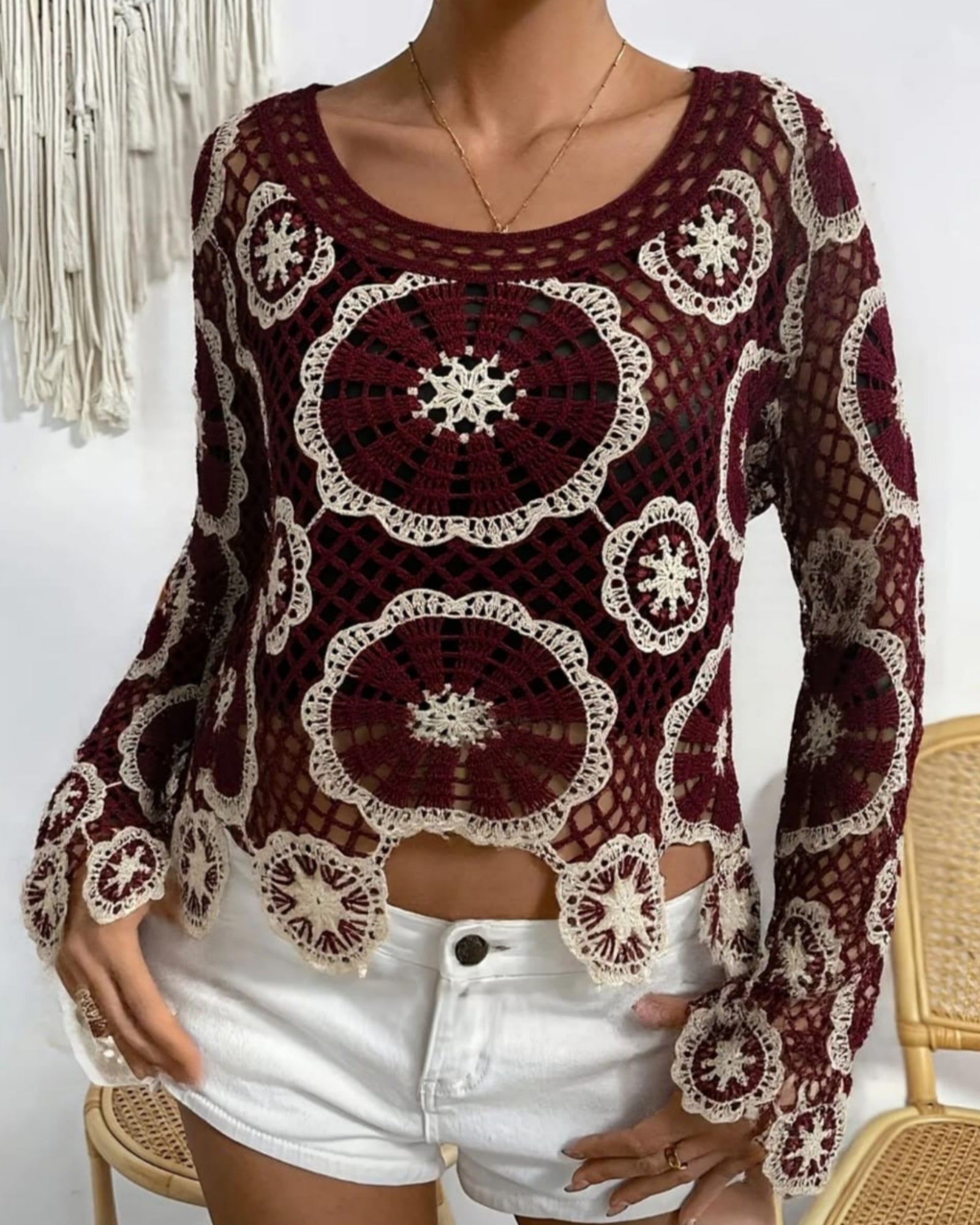 Starlit Petals Crochet Top in Burgundy with Cream — open-weave diamond lattice crochet pullover with large cream starburst medallion motifs on wine burgundy base, scalloped hem, long flared sleeves, women’s boho statement top, free size