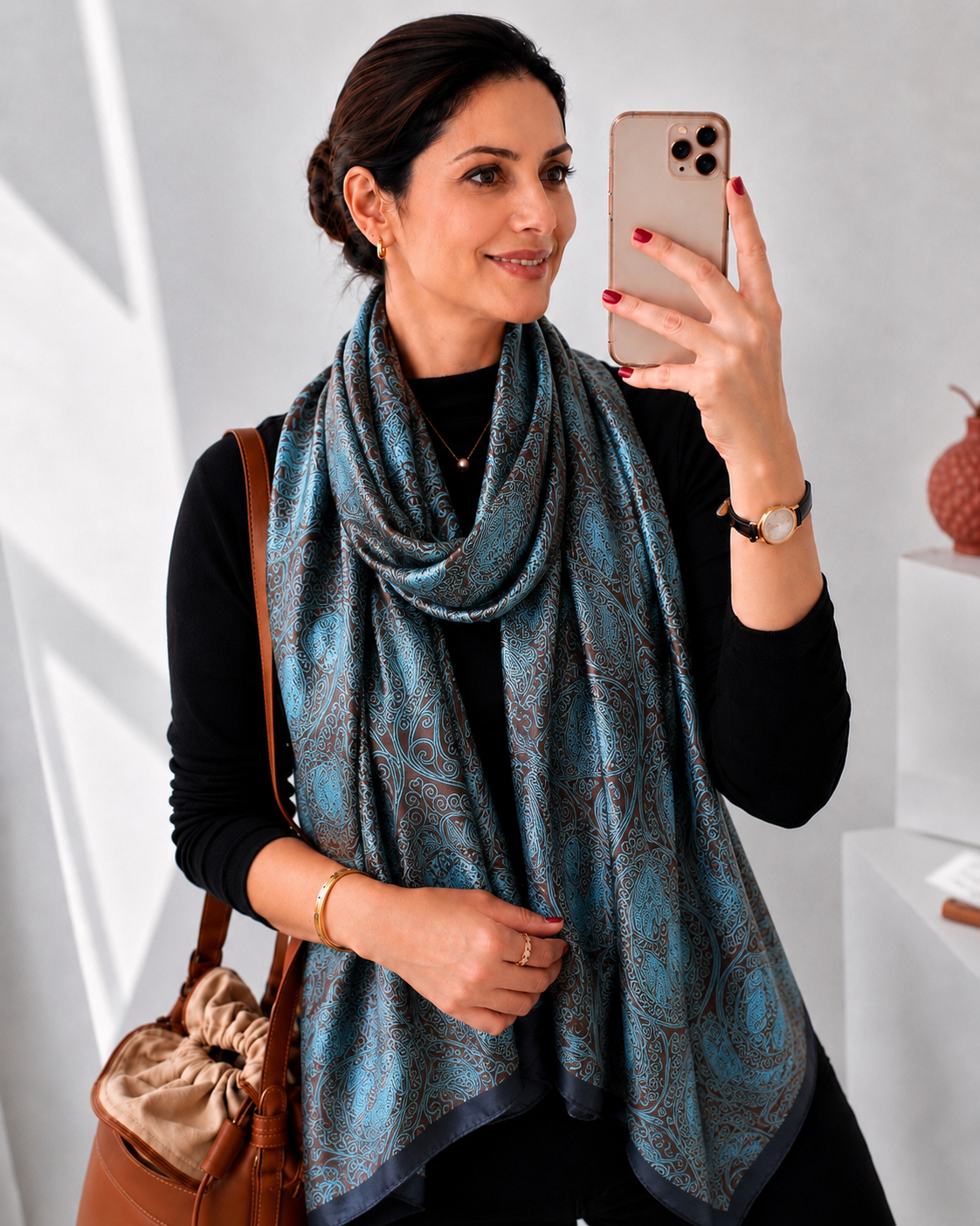 Blue patterned scarfwrapped around the models neck elegantly 