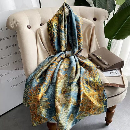 Botanical printed satin silk stole with glossy finish