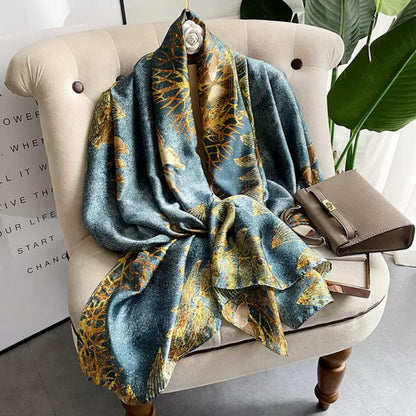 Luxury teal silk stole with gold floral design
