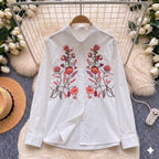 The Botanica Garden Embroidered Poplin Shirt in White, mirrored botanical floral embroidery with peonies and pomegranates, long sleeve button-down