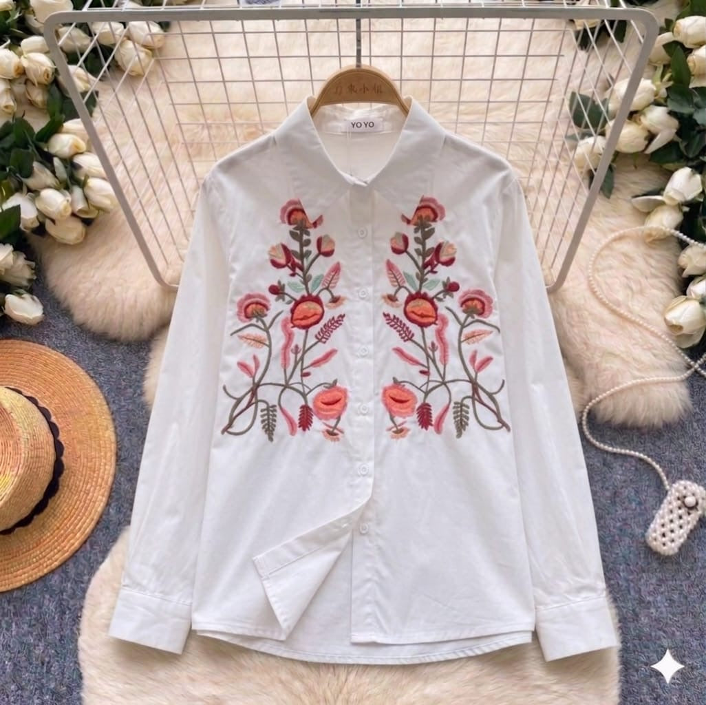 The Botanica Garden Embroidered Poplin Shirt in White, mirrored botanical floral embroidery with peonies and pomegranates, long sleeve button-down