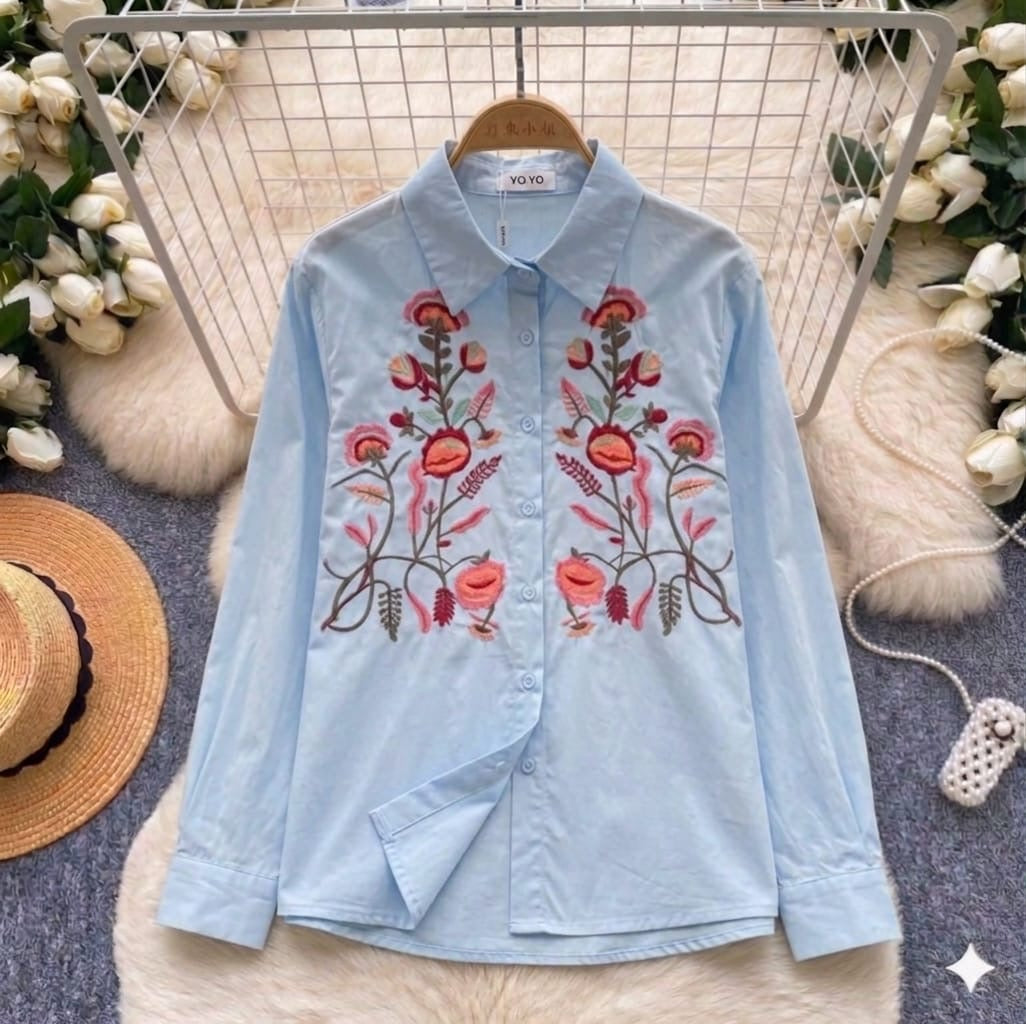 The Botanica Garden Embroidered Poplin Shirt in Sky Blue, large mirrored floral embroidery on poplin cotton, women's sizes S M L
