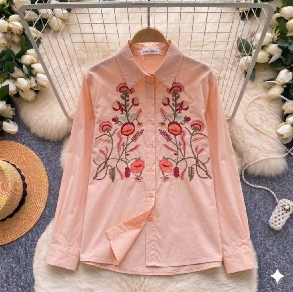 The Botanica Garden Embroidered Poplin Shirt in Peach, botanical floral embroidery on crisp poplin cotton, women's long sleeve button-down