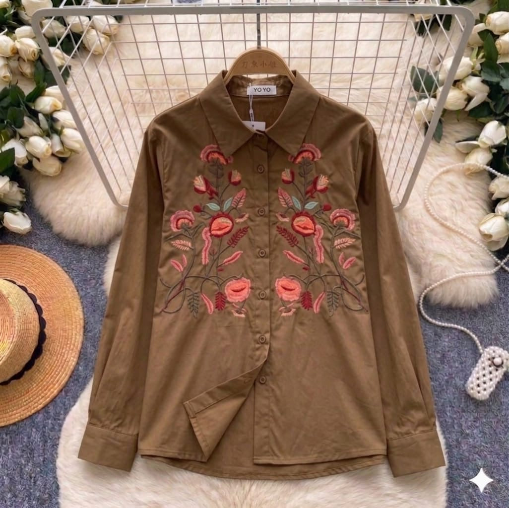 The Botanica Garden Embroidered Poplin Shirt in Khaki, bold botanical embroidery with coral and pink tones on cotton poplin