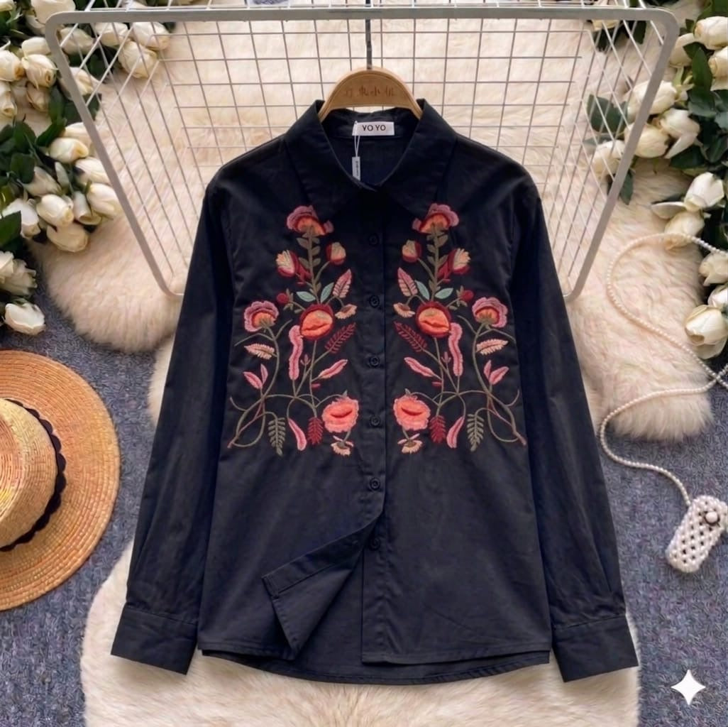 The Botanica Garden Embroidered Poplin Shirt in Black, dramatic mirrored botanical floral embroidery, long sleeve poplin cotton button-down