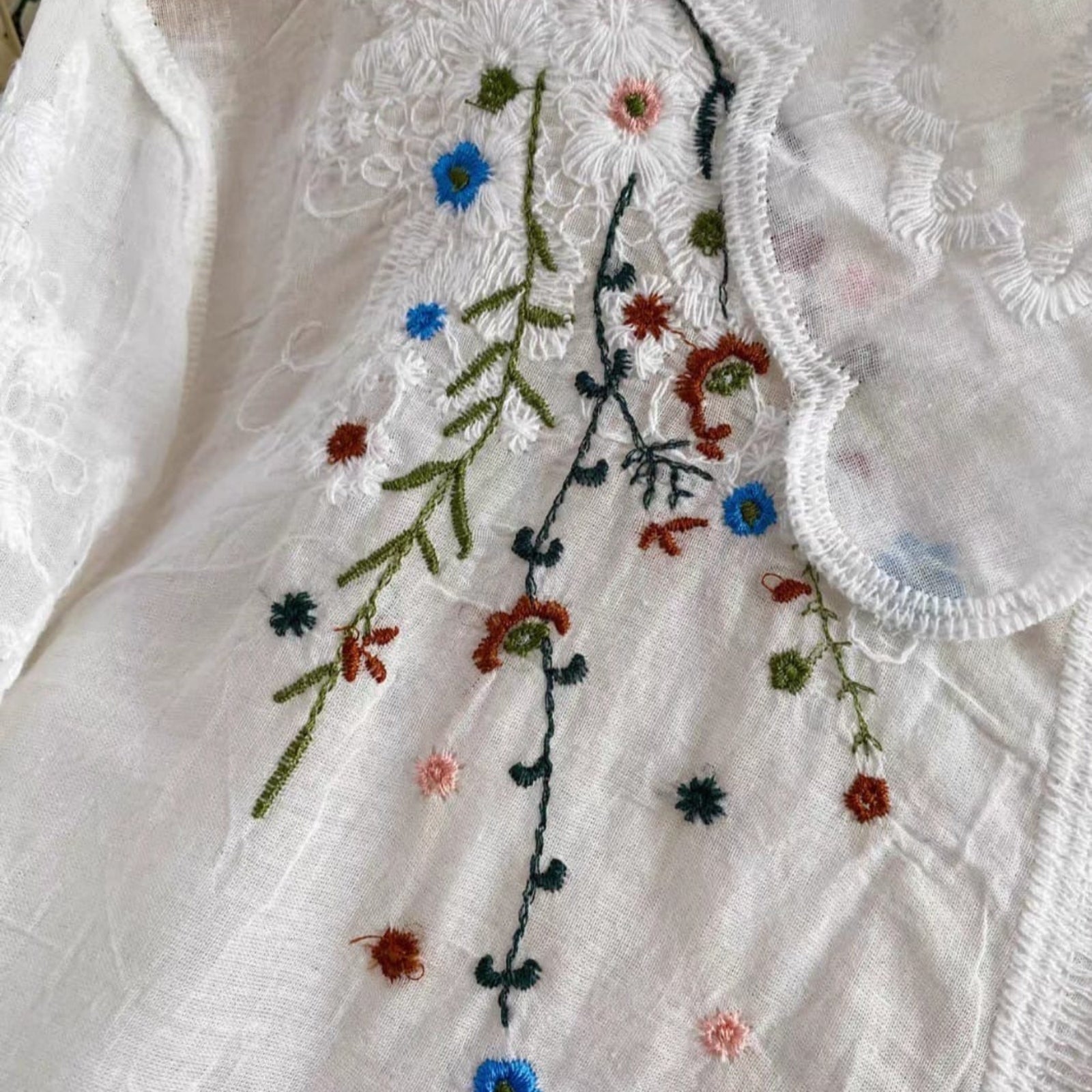 Close-up of embroidered floral design on a white fabric background