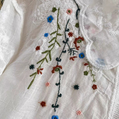 Close-up of embroidered floral design on a white fabric background