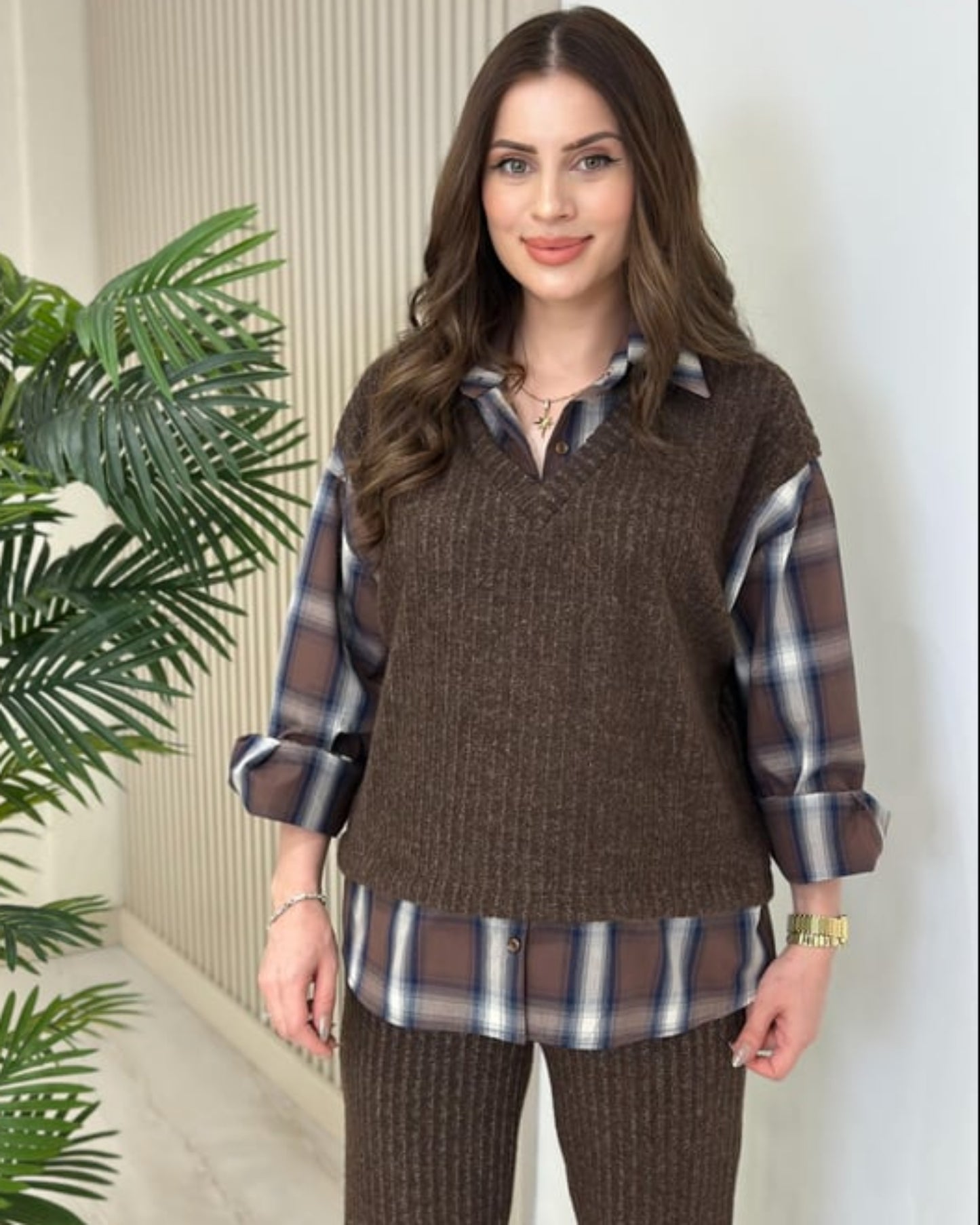 The Cozy Chic Knit Vest & Plaid Shirt Layering Set