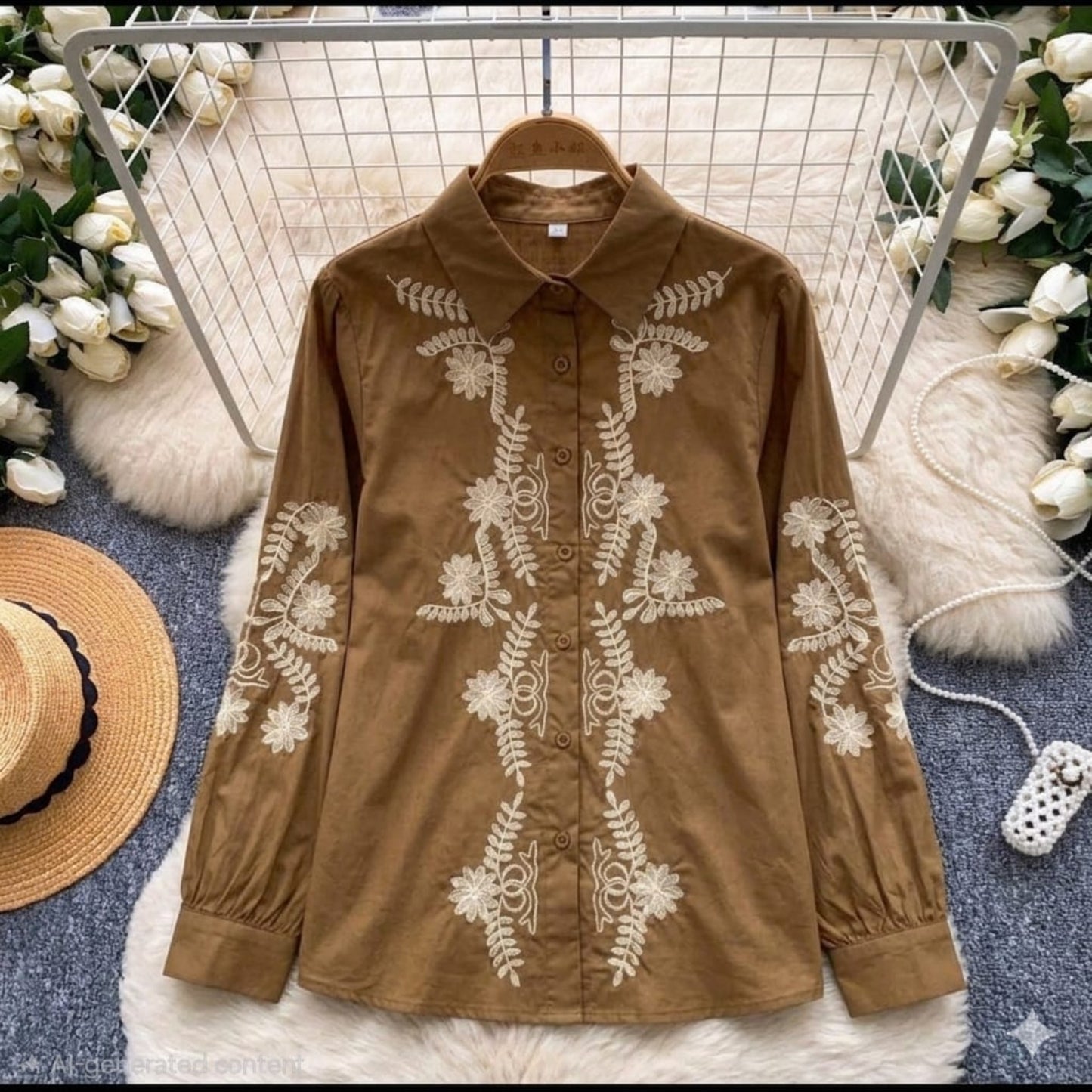 Jardin Embroidered Shirt in Caramel — warm brown with cream botanical embroidery
