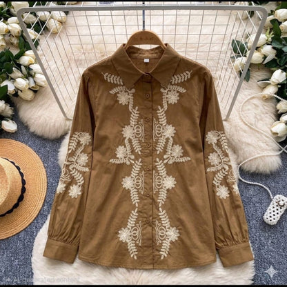 Jardin Embroidered Shirt in Caramel — warm brown with cream botanical embroidery