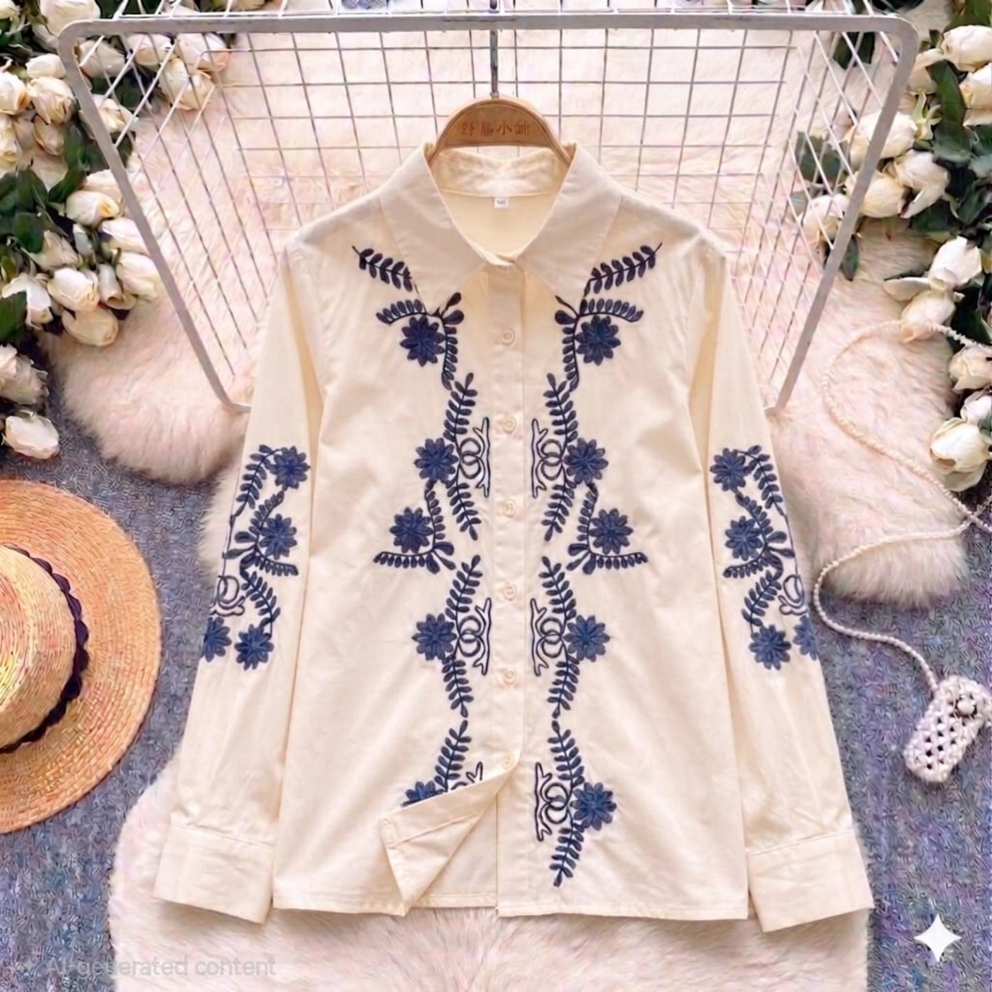 Jardin Embroidered Shirt in Noir — black base with cream and navy botanical floral embroidery, front view