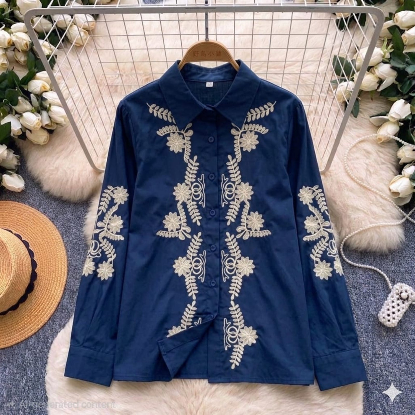 Jardin Embroidered Shirt in Noir — black base with cream and navy botanical floral embroidery, front view
