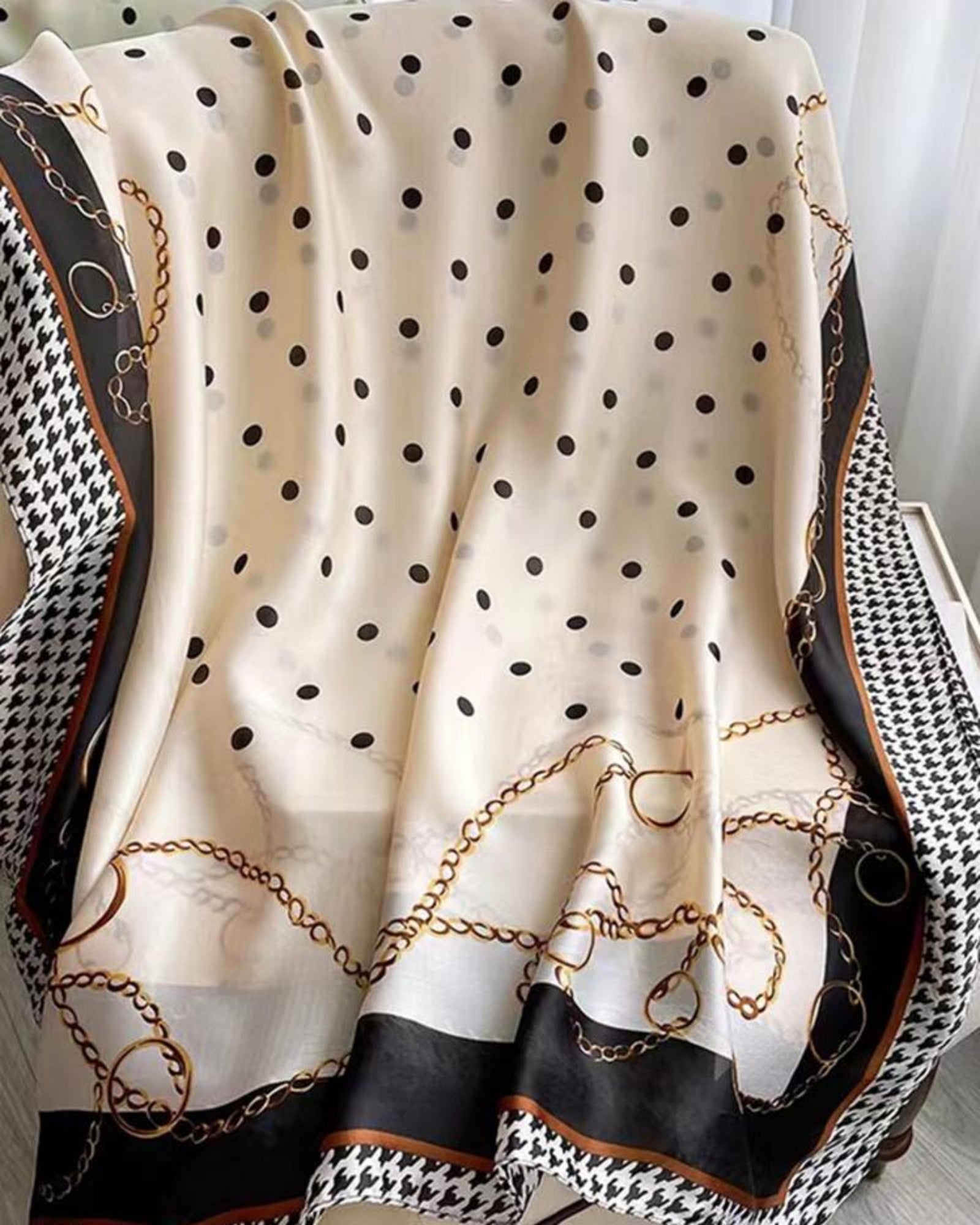 Flat lay of Maison Trio Silk Scarf — 180x90cm full size showing all three print zones