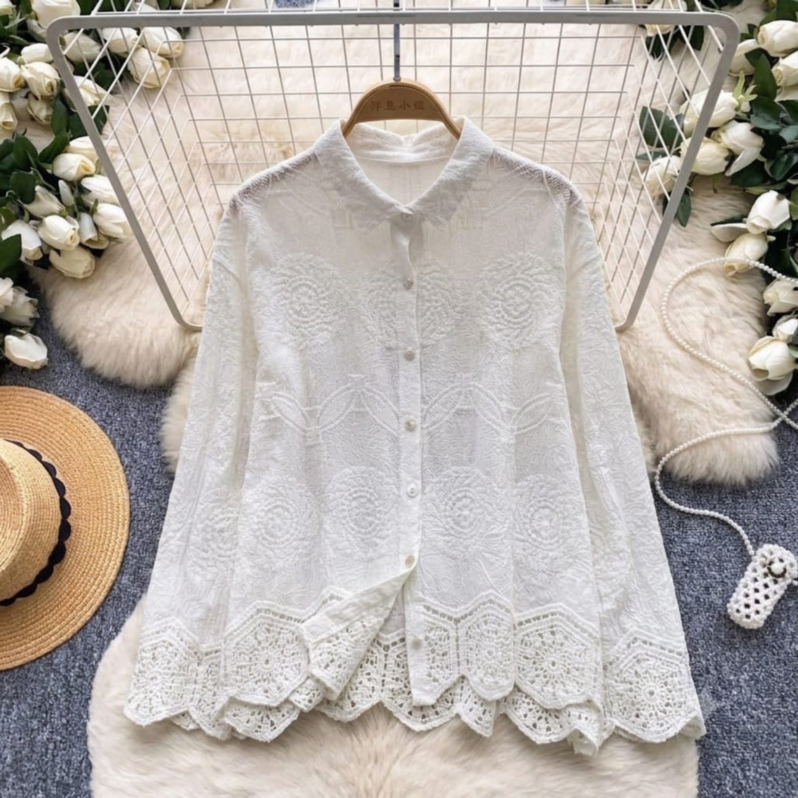The Meadow Heirloom Embroidered Linen Blouse in White, featuring tonal mandala embroidery and crochet scalloped hem, long sleeve button-down free size