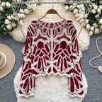 Riviera Fan Crochet Cardigan in Rosso — deep red and ivory fan motif variant