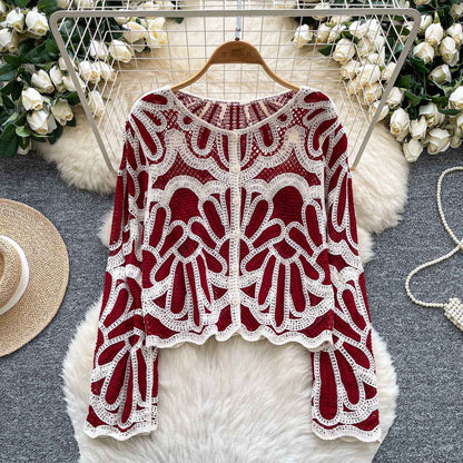 Riviera Fan Crochet Cardigan in Rosso — deep red and ivory fan motif variant