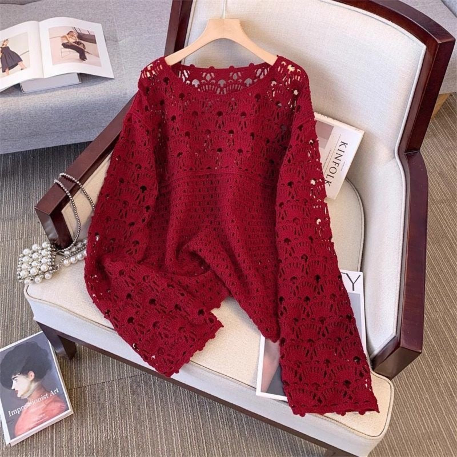 The Rosette Hollow Crochet Pullover in Red, open weave fan pattern crochet top with flared sleeves, free size fits bust 42 inches