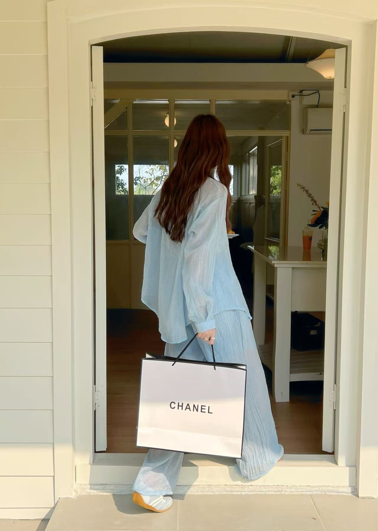 Back view of Soleil Co-ord Set in Mist — showing relaxed fit and shirttail hem detail