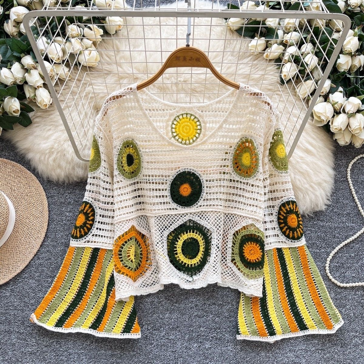 Soleil Mandala Crochet Top styled with white wide-leg trousers