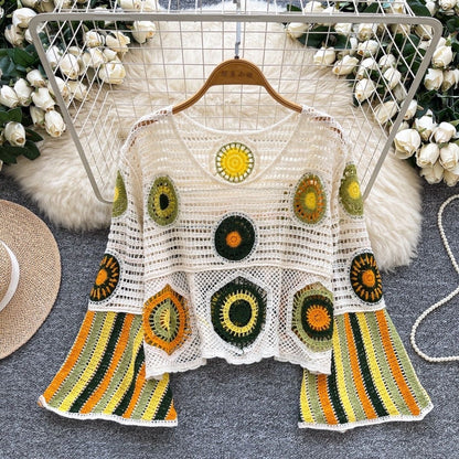 Soleil Mandala Crochet Top styled with white wide-leg trousers