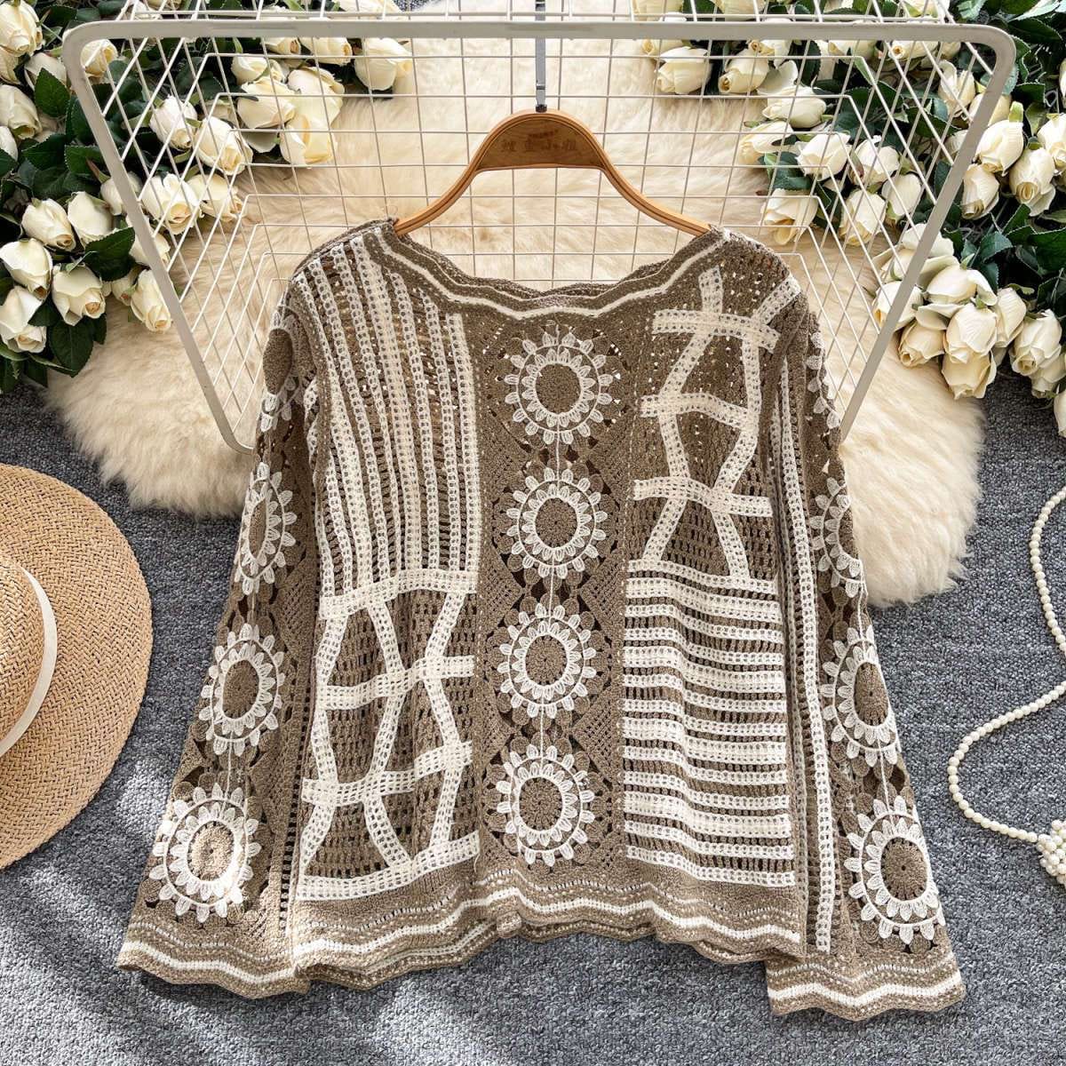 Solstice Crochet Pullover in Dune — khaki taupe and ivory variant, flat lay detail