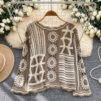 Solstice Crochet Pullover in Dune — khaki taupe and ivory variant, flat lay detail