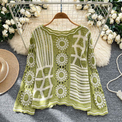 The Solstice Patchwork Crochet Pullover in Fern — olive green and ivory open-knit boho top, flat lay