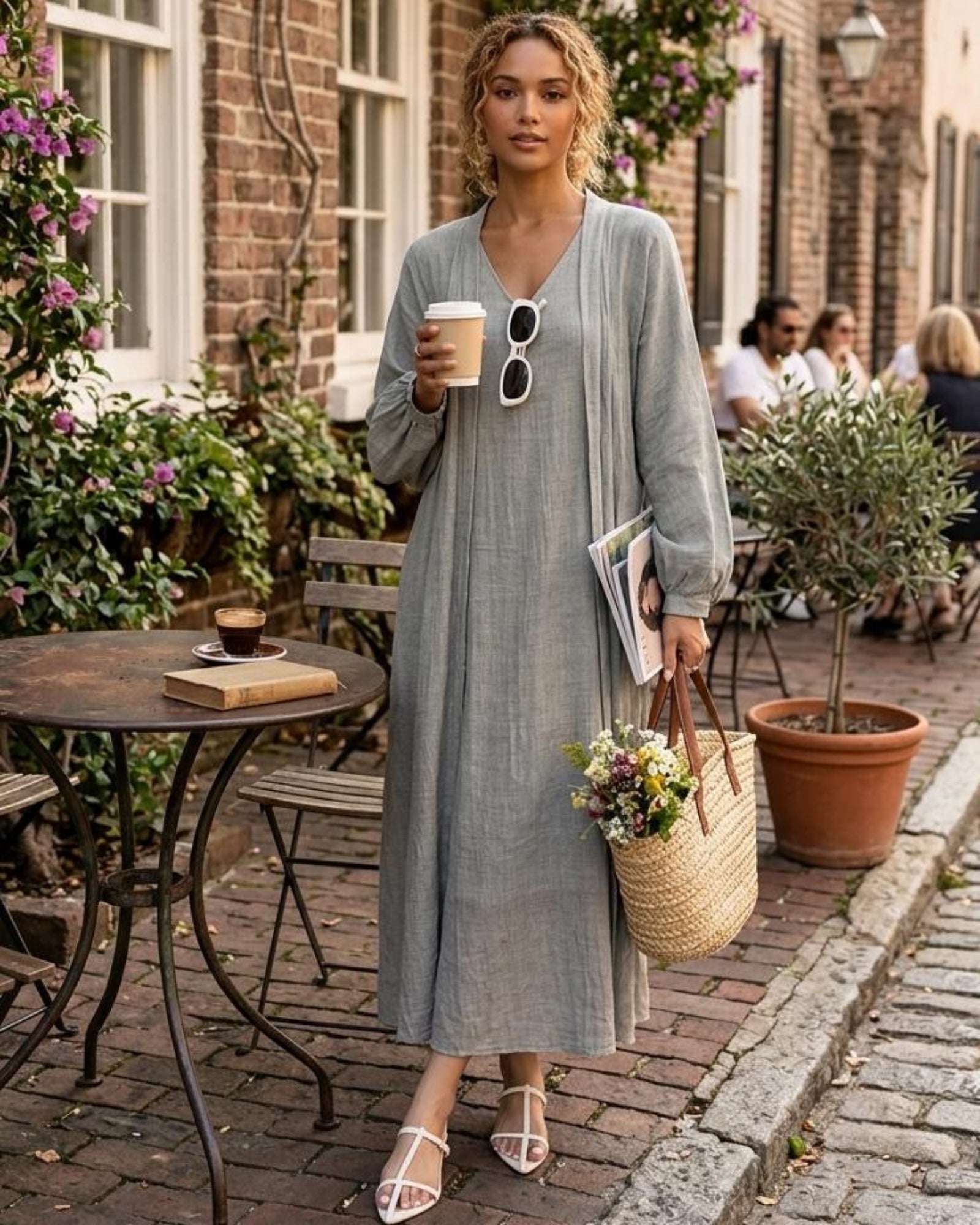 Zephyr Co-ord Set in Mist — grey dress and shrug styled with straw basket bag and heeled sandals
