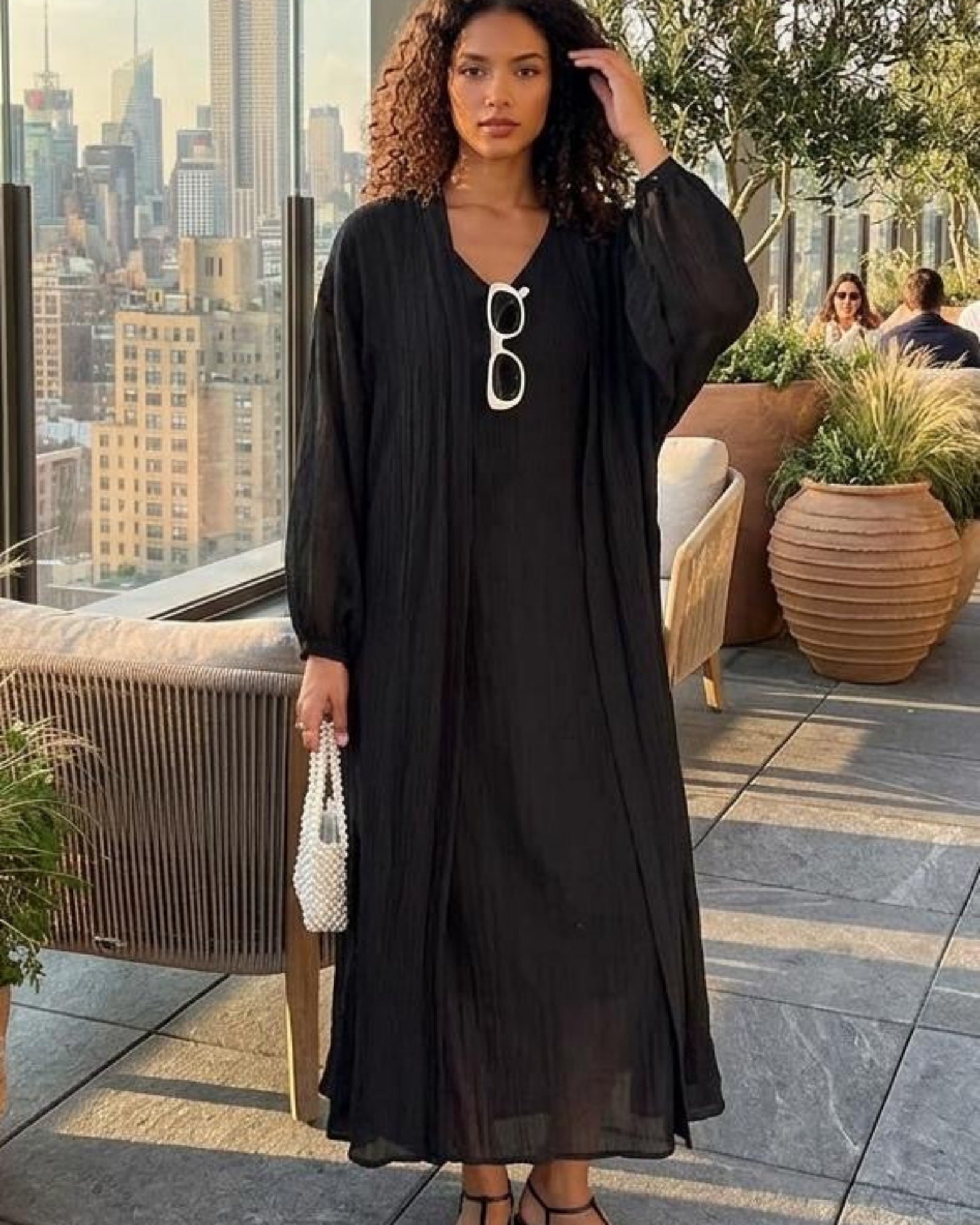 Zephyr Co-ord Set in Onyx — black crinkle cotton dress and shrug, New York rooftop evening look