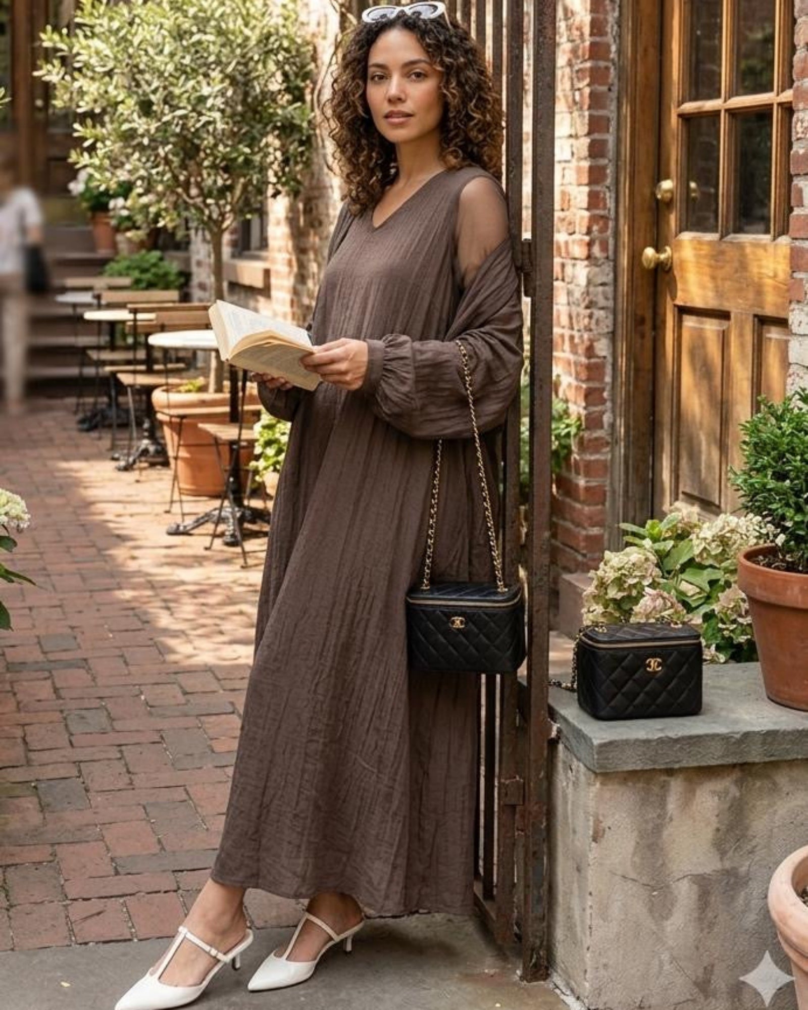 Zephyr Co-ord Set in Mocha — warm brown dress with open front shrug, city café setting