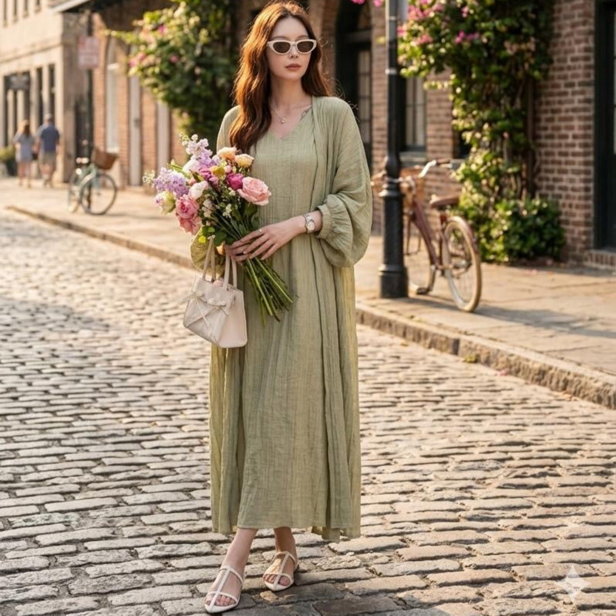 The Zephyr Cotton Co-ord Set in Sage — olive green crinkle cotton dress and bishop sleeve shrug, street style