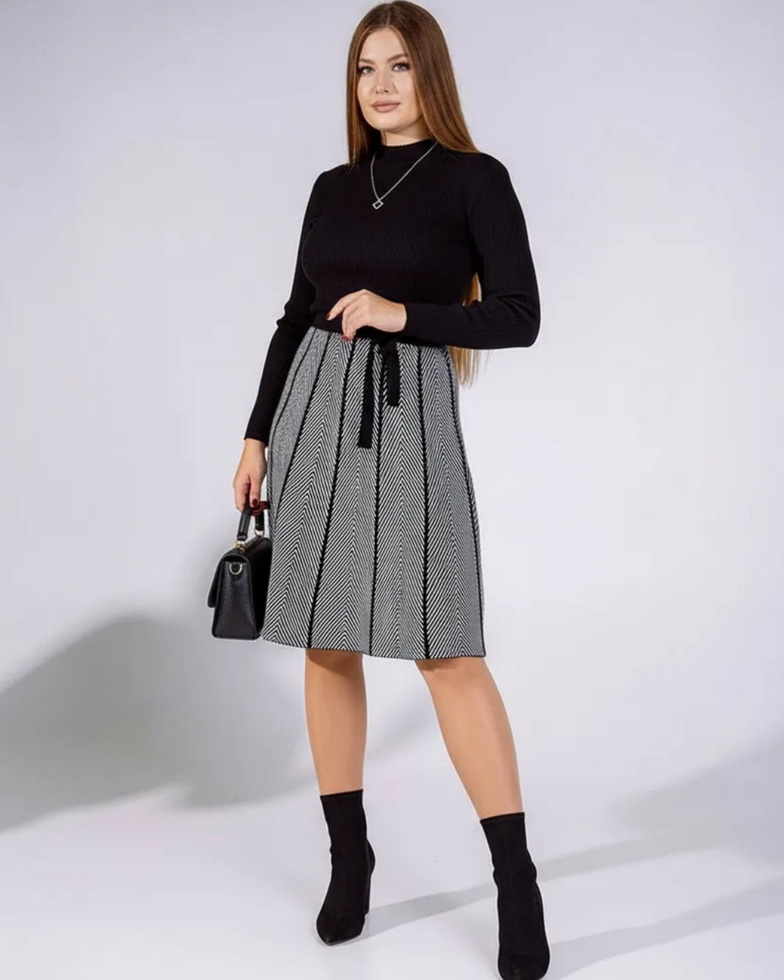 Two-Tone Herringbone Knit A-Line Dress
