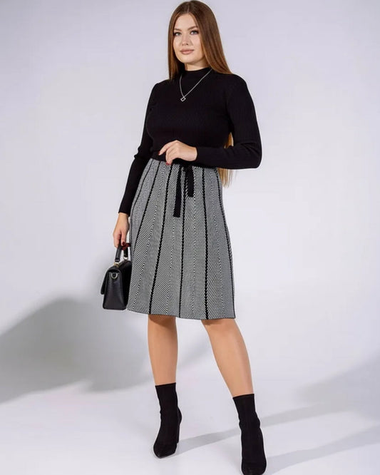 Two-Tone Herringbone Knit A-Line Dress