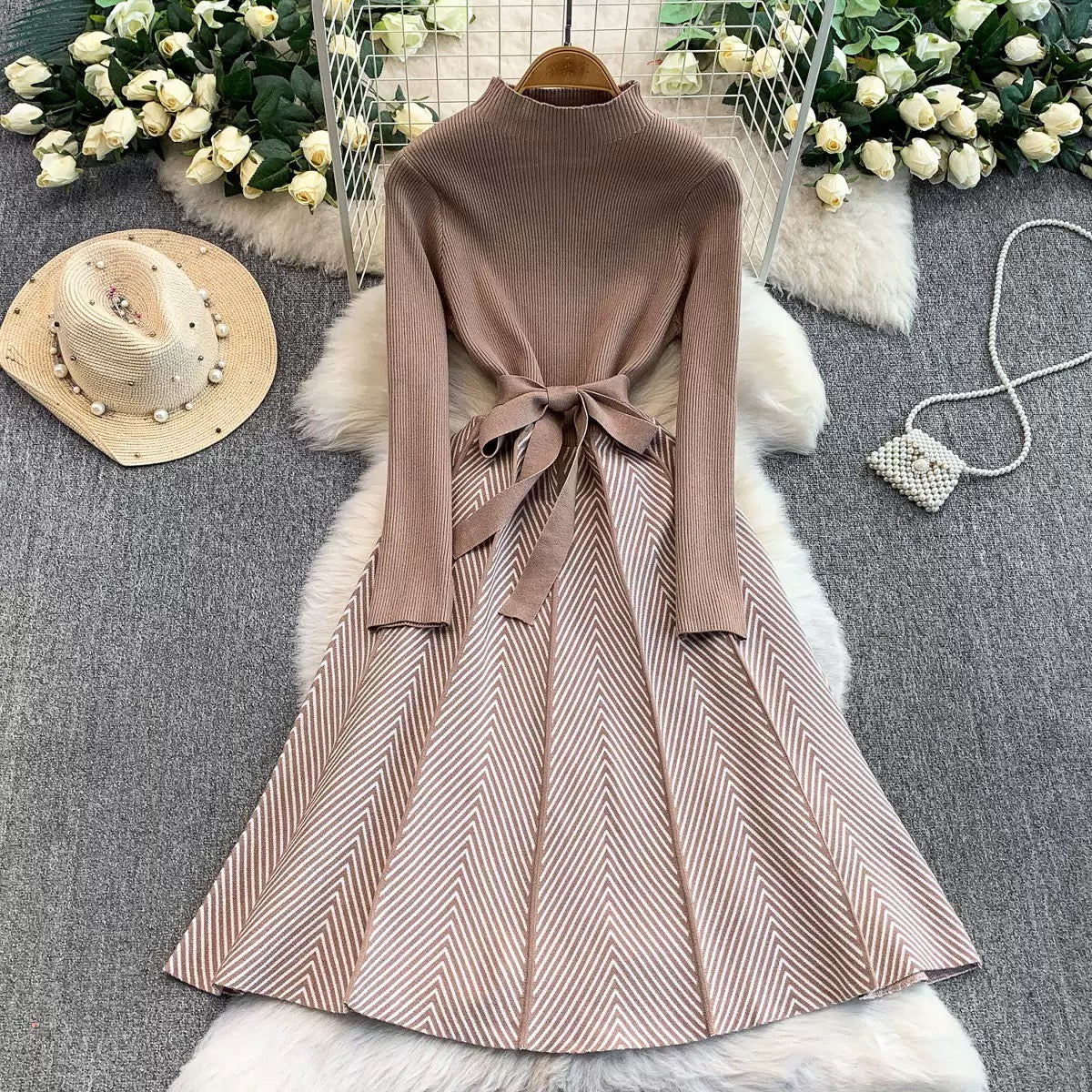Two-Tone Herringbone Knit A-Line Dress