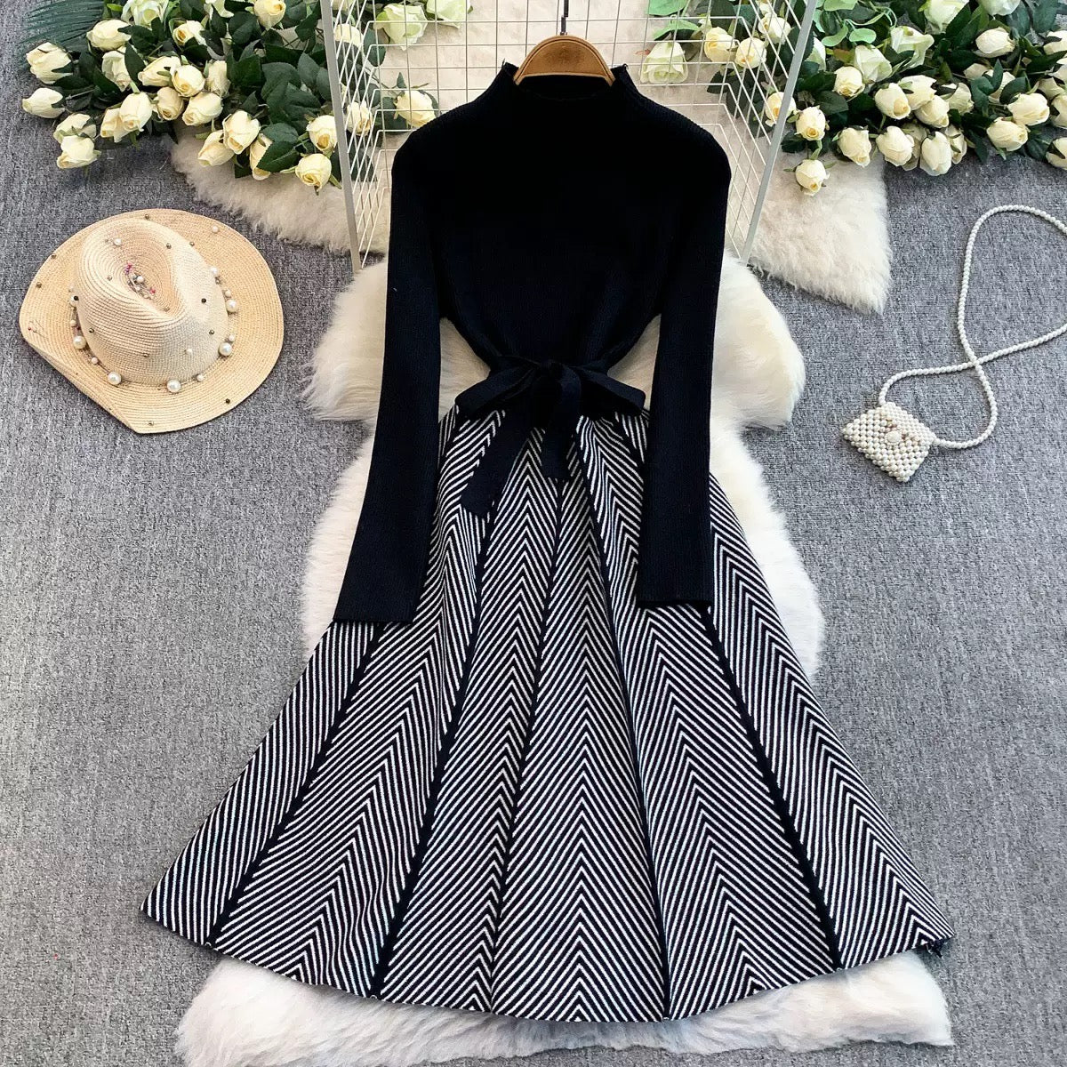 Two-Tone Herringbone Knit A-Line Dress
