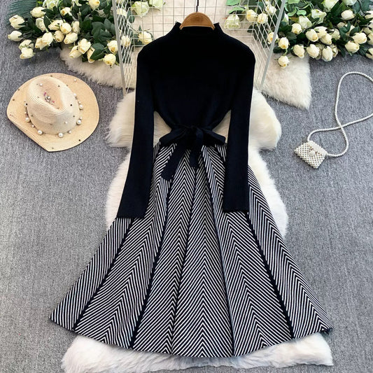 Two-Tone Herringbone Knit A-Line Dress