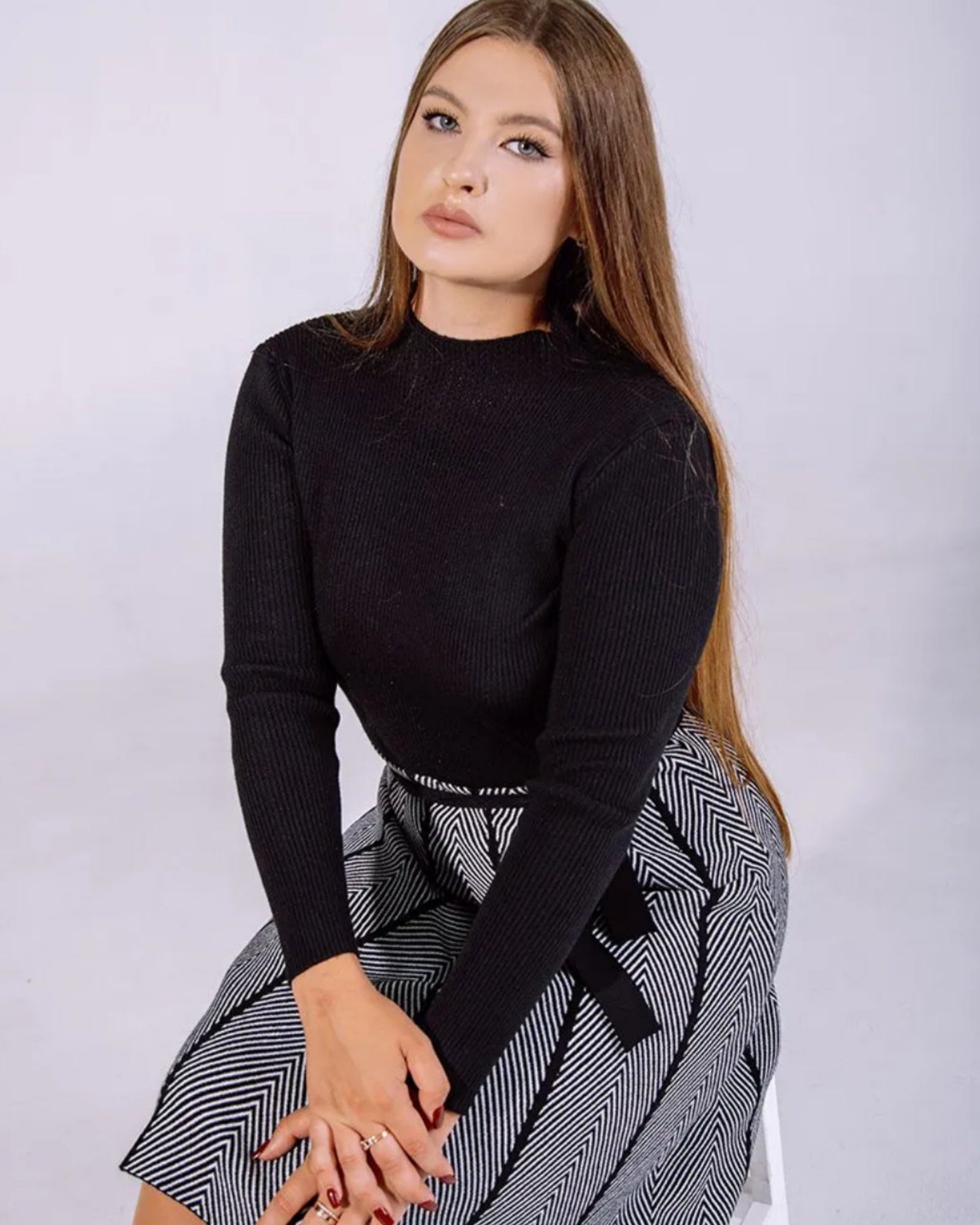 Two-Tone Herringbone Knit A-Line Dress