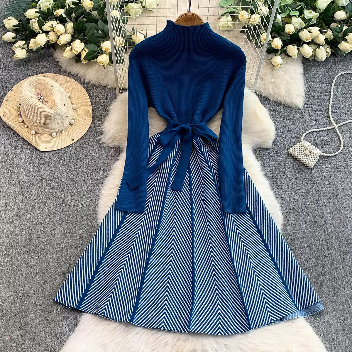 Two-Tone Herringbone Knit A-Line Dress
