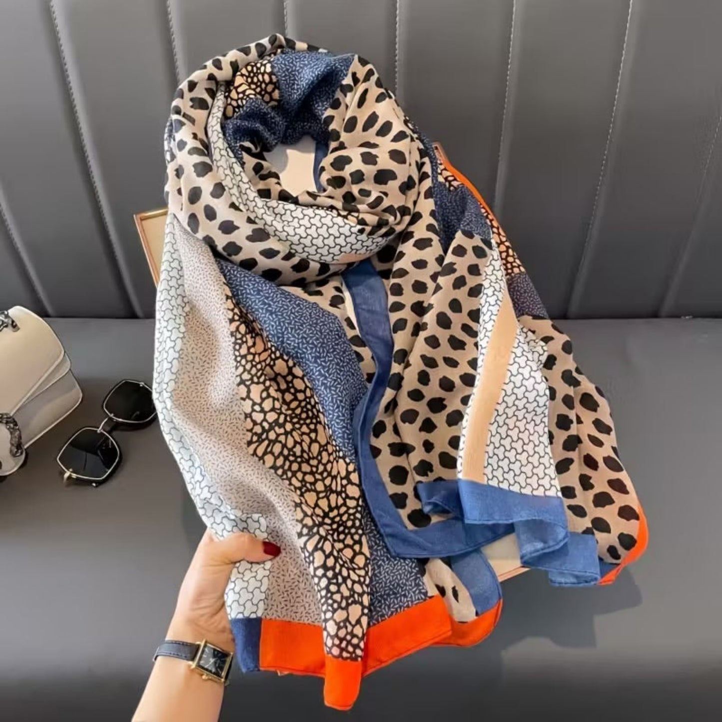 Abstract animal print viscose cotton stole with border